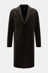 Front view of Harris Wharf London Wool coat dark brown, knee-length, unlined with a three-button placket, notch collar, slanted welt pockets, and center back vent, made from heavy, pure felted virgin wool with a raw-edge finish.

<p>Timeless, pure, and we