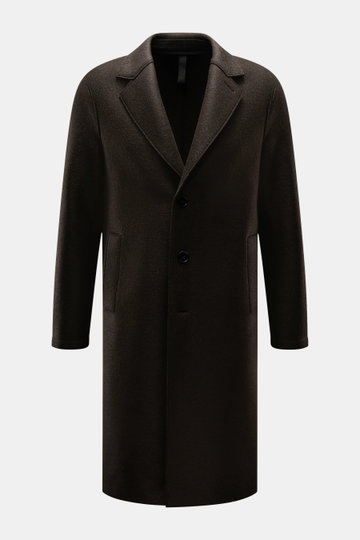 Front view of Harris Wharf London Wool coat dark brown, knee-length, unlined with a three-button placket, notch collar, slanted welt pockets, and center back vent, made from heavy, pure felted virgin wool with a raw-edge finish.

<p>Timeless, pure, and we