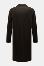 Rear view of Harris Wharf London wool coat dark brown, made from heavy, pure felted virgin wool with a notch collar and center back vent.

Description: <p>Timeless, pure, and well thought out: This unlined coat with a straight silhouette from HARRIS WHARF