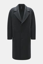 Front view of Harris Wharf London Wollmantel navy, an unlined, heavy felted virgin wool coat with three-button closure, wide notch lapels, slanted welt pockets, and a center back vent, showcasing a casual silhouette and raw-edge finish.

Description: <p>Z