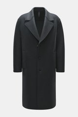 Front view of Harris Wharf London Wollmantel navy, an unlined, heavy felted virgin wool coat with three-button closure, wide notch lapels, slanted welt pockets, and a center back vent, showcasing a casual silhouette and raw-edge finish.

Description: <p>Z