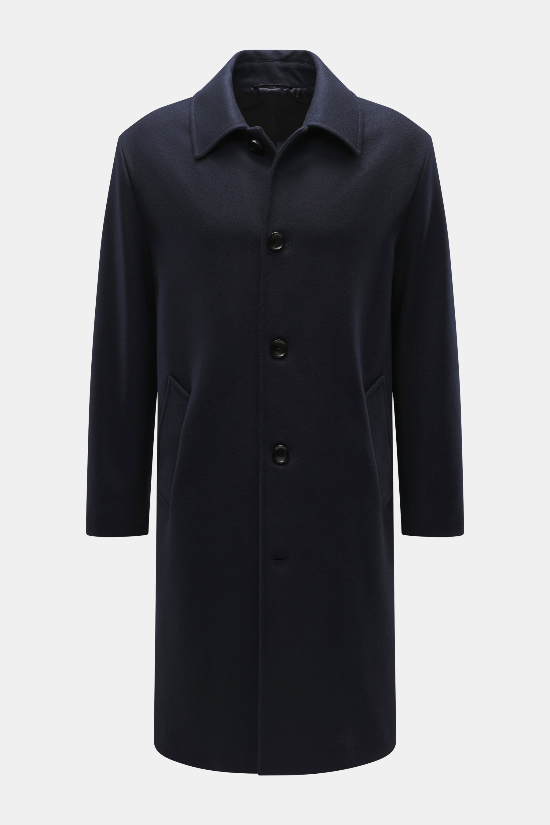 Front view of the Doppiaa Coat 'Aaladin' navy, a wool blend flannel with five-button front, turn-down collar, slant welt pockets, soft touch, regular fit, half lined, and one inside pocket, perfect for smart city or modern business looks.