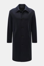 Front view of the Doppiaa Coat 'Aaladin' navy, a wool blend flannel with five-button front, turn-down collar, slant welt pockets, soft touch, regular fit, half lined, and one inside pocket, perfect for smart city or modern business looks.