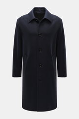 Front view of the Doppiaa Coat 'Aaladin' navy, a wool blend flannel with five-button front, turn-down collar, slant welt pockets, soft touch, regular fit, half lined, and one inside pocket, perfect for smart city or modern business looks.