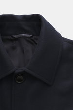 Close-up front view of the navy Doppiaa Coat 'Aaladin' showing the turn-down collar, five-button front, and soft virgin wool blend fabric.
