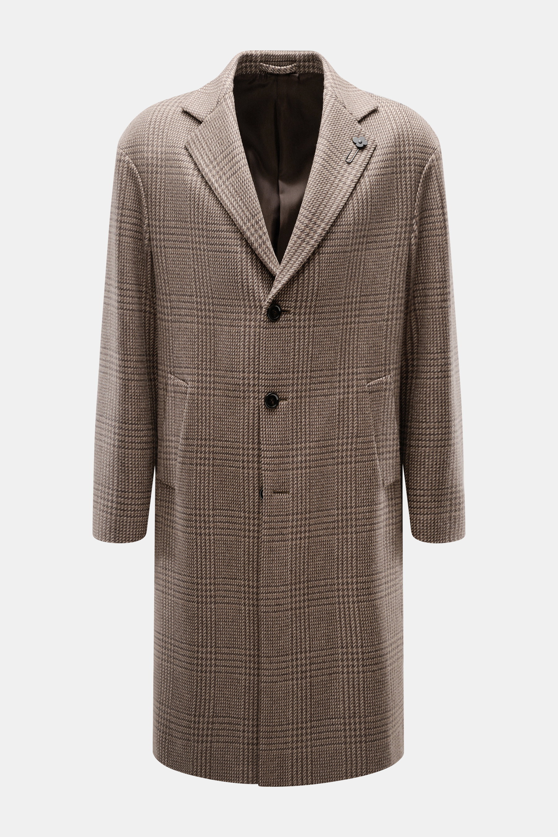 Lardini Mantel braun/beige kariert, frontal fotografiert, Mix aus Schurwolle und Cashmere, weicher Griff, Karo-Webmuster, Regular Fit, Drei-Knopf-Leiste, Reverskragen mit Blütenanstecker, schräge Leistentaschen, Rückenmittelschlitz, geschmeidiger Futterst