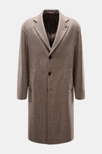 Front view of Lardini Coat brown/beige checkered in a regular fit, made of virgin wool and cashmere with a soft feel, check weave pattern, three-button placket, notch collar with flower pin, slanted welt pockets, center back vent, smooth lining fabric, an
