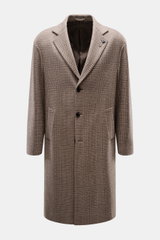 Front view of Lardini Coat brown/beige checkered in a regular fit, made of virgin wool and cashmere with a soft feel, check weave pattern, three-button placket, notch collar with flower pin, slanted welt pockets, center back vent, smooth lining fabric, an