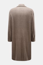 Lardini Coat brown/beige checkered shown from the back, with a check weave pattern, mix of virgin wool and cashmere, soft feel, regular fit, three-button placket, notch collar with flower pin, slanted welt pockets, center back vent, smooth lining fabric, 