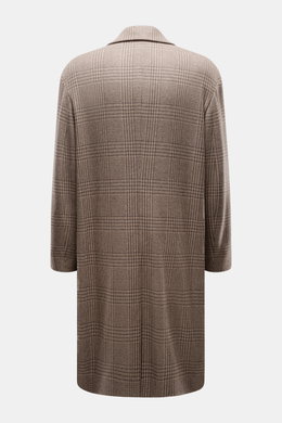 Lardini Coat brown/beige checkered shown from the back, with a check weave pattern, mix of virgin wool and cashmere, soft feel, regular fit, three-button placket, notch collar with flower pin, slanted welt pockets, center back vent, smooth lining fabric, 