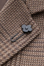 Lardini Coat brown/beige checkered shown in close-up from front angle, featuring mix of virgin wool and cashmere, soft feel, check weave pattern, regular fit, three-button placket, notch collar with flower pin, slanted welt pockets, center back vent, smoo