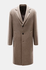 Front view of Lardini Coat brown/beige pattern, mix of virgin wool and cashmere, soft feel, houndstooth weave, regular fit, three-button placket, notch collar with flower pin, slanted welt pockets, center back vent, smooth lining fabric, two inside pocket
