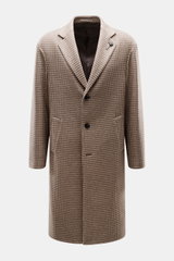 Front view of Lardini Coat brown/beige pattern, mix of virgin wool and cashmere, soft feel, houndstooth weave, regular fit, three-button placket, notch collar with flower pin, slanted welt pockets, center back vent, smooth lining fabric, two inside pocket