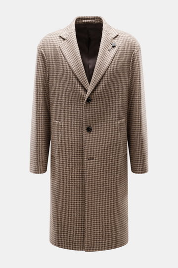 Front view of Lardini Coat brown/beige pattern, mix of virgin wool and cashmere, soft feel, houndstooth weave, regular fit, three-button placket, notch collar with flower pin, slanted welt pockets, center back vent, smooth lining fabric, two inside pocket