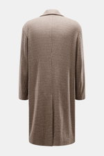 Lardini Coat brown/beige pattern shown from the back, regular fit with houndstooth weave, notch collar with flower pin, three-button placket, slanted welt pockets, center back vent, soft feel mix of virgin wool and cashmere, smooth lining fabric, two insi