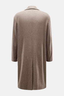 Lardini Coat brown/beige pattern shown from the back, regular fit with houndstooth weave, notch collar with flower pin, three-button placket, slanted welt pockets, center back vent, soft feel mix of virgin wool and cashmere, smooth lining fabric, two insi