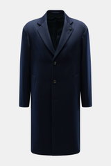 Front view of Lardini Wool Coat Navy in light pure virgin wool fabric, soft feel, regular fit, three-button placket, notch collar with flower pin, slanted welt pockets, center back vent, smooth lining fabric, and two inside pockets.