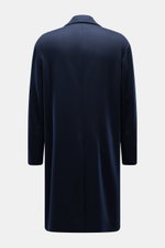 Lardini Wool Coat Navy shown from the back, made of light pure virgin wool fabric, soft feel, regular fit, three-button placket, notch collar with flower pin, slanted welt pockets, center back vent, smooth lining fabric, two inside pockets.