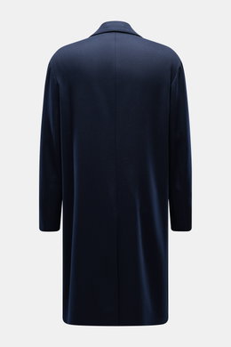Lardini Wool Coat Navy shown from the back, made of light pure virgin wool fabric, soft feel, regular fit, three-button placket, notch collar with flower pin, slanted welt pockets, center back vent, smooth lining fabric, two inside pockets.