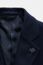 Close-up front view of Lardini Wool Coat Navy, featuring light fabric made of pure virgin wool, soft feel, regular fit, three-button placket, notch collar with flower pin, slanted welt pockets, center back vent, smooth lining fabric, and two inside pocket