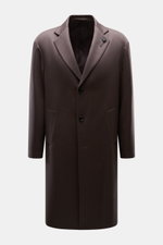 Front view of Lardini Wool Coat dark brown made of light fabric pure virgin wool, soft feel, regular fit, three-button placket, notch collar with flower pin, slanted welt pockets, center back vent, smooth lining fabric, two inside pockets.