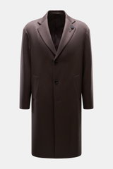 Front view of Lardini Wool Coat dark brown made of light fabric pure virgin wool, soft feel, regular fit, three-button placket, notch collar with flower pin, slanted welt pockets, center back vent, smooth lining fabric, two inside pockets.