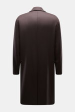 Back view of Lardini Wool Coat dark brown in light fabric made of pure virgin wool, soft feel, regular fit, with three-button placket, notch collar with flower pin, slanted welt pockets, center back vent, smooth lining fabric, and two inside pockets.