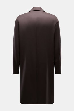 Back view of Lardini Wool Coat dark brown in light fabric made of pure virgin wool, soft feel, regular fit, with three-button placket, notch collar with flower pin, slanted welt pockets, center back vent, smooth lining fabric, and two inside pockets.