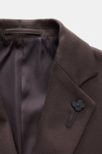 Close-up front view of the Lardini Wool Coat dark brown showing light fabric made of pure virgin wool, soft feel, regular fit, three-button placket, notch collar with flower pin, slanted welt pockets, center back vent, smooth lining fabric, and two inside