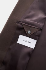 Close-up view of the inside lining and fabric texture of the Lardini Wool Coat dark brown, highlighting light fabric made of pure virgin wool, soft feel, regular fit, three-button placket, notch collar with flower pin, slanted welt pockets, center back ve