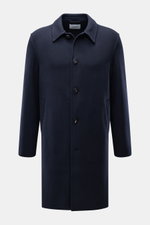 Front view of 04651/ A trip in a bag Coat 'Double Coat' navy, slim fit with turn-down collar, five-button placket, slanted welt pockets, soft touch, mix of virgin wool and microfiber.