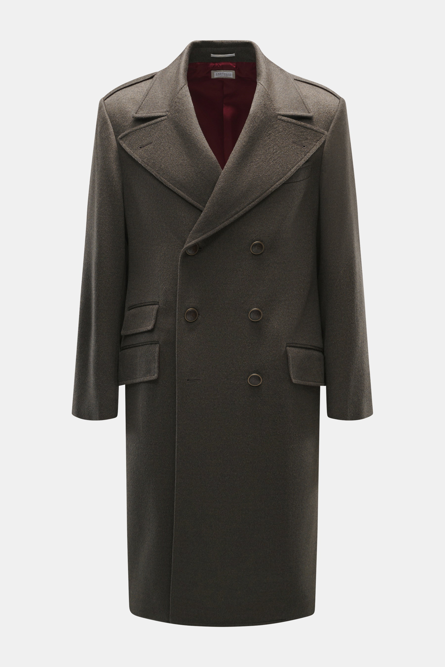 Brunello Cucinelli Mantel graugrün meliert, Slim Fit, zweireihig, Reverskragen, Taschen, Knöpfe, halb gefüttert, Frontansicht, reine Schurwolle, weich.