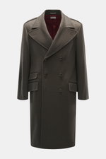 Brunello Cucinelli Mantel graugrün meliert, Slim Fit, zweireihig, Reverskragen, Taschen, Knöpfe, halb gefüttert, Frontansicht, reine Schurwolle, weich.