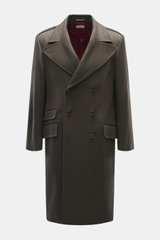 Brunello Cucinelli Mantel graugrün meliert, Slim Fit, zweireihig, Reverskragen, Taschen, Knöpfe, halb gefüttert, Frontansicht, reine Schurwolle, weich.