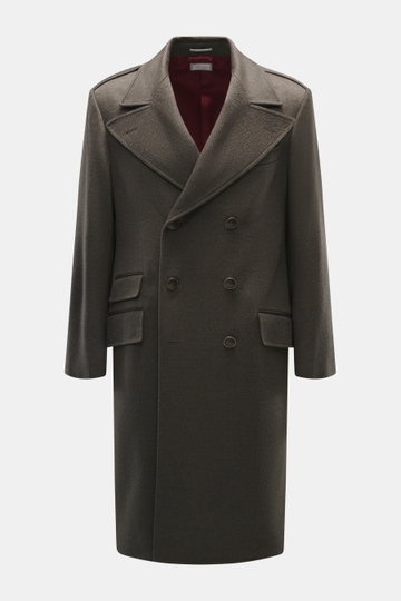 Front view of Brunello Cucinelli Coat grey green melange, a slim fit, double-breasted wool coat with contrasting lining, lapel collar, breast and flap pockets, buttoned cuffs, and side vents, half lined with three inside pockets. Gets you in the mood for 