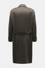 Brunello Cucinelli Mantel graugrün meliert, Rückansicht, Slim Fit, reine Schurwolle, variabler Reverskragen, halb gefüttert, mit Seitenschlitzen.