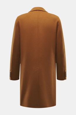 Rückansicht des Windsor Mantel 'Cesarino' hellbraun aus reiner Wolle, Slim Fit, weicher Griff, Reverskragen, Rückenmittelschlitz, ungefüttert.