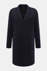 Windsor Mantel 'Cesarino' navy, frontal fotografiert, reine Wolle, weicher Griff, Slim Fit, Drei-Knopf-Leiste, Reverskragen, Brusttasche, drei Fronttaschen mit Patte, Kissing Buttons, Rückenmittelschlitz, ungefüttert, eine Innentasche.