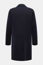 Rückansicht des Windsor Mantel 'Cesarino' navy aus reiner Wolle, Slim Fit, weicher Griff, mit Reverskragen, Rückenmittelschlitz, ungefüttert, Kissing Buttons.