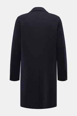 Rückansicht des Windsor Mantel 'Cesarino' navy aus reiner Wolle, Slim Fit, weicher Griff, mit Reverskragen, Rückenmittelschlitz, ungefüttert, Kissing Buttons.