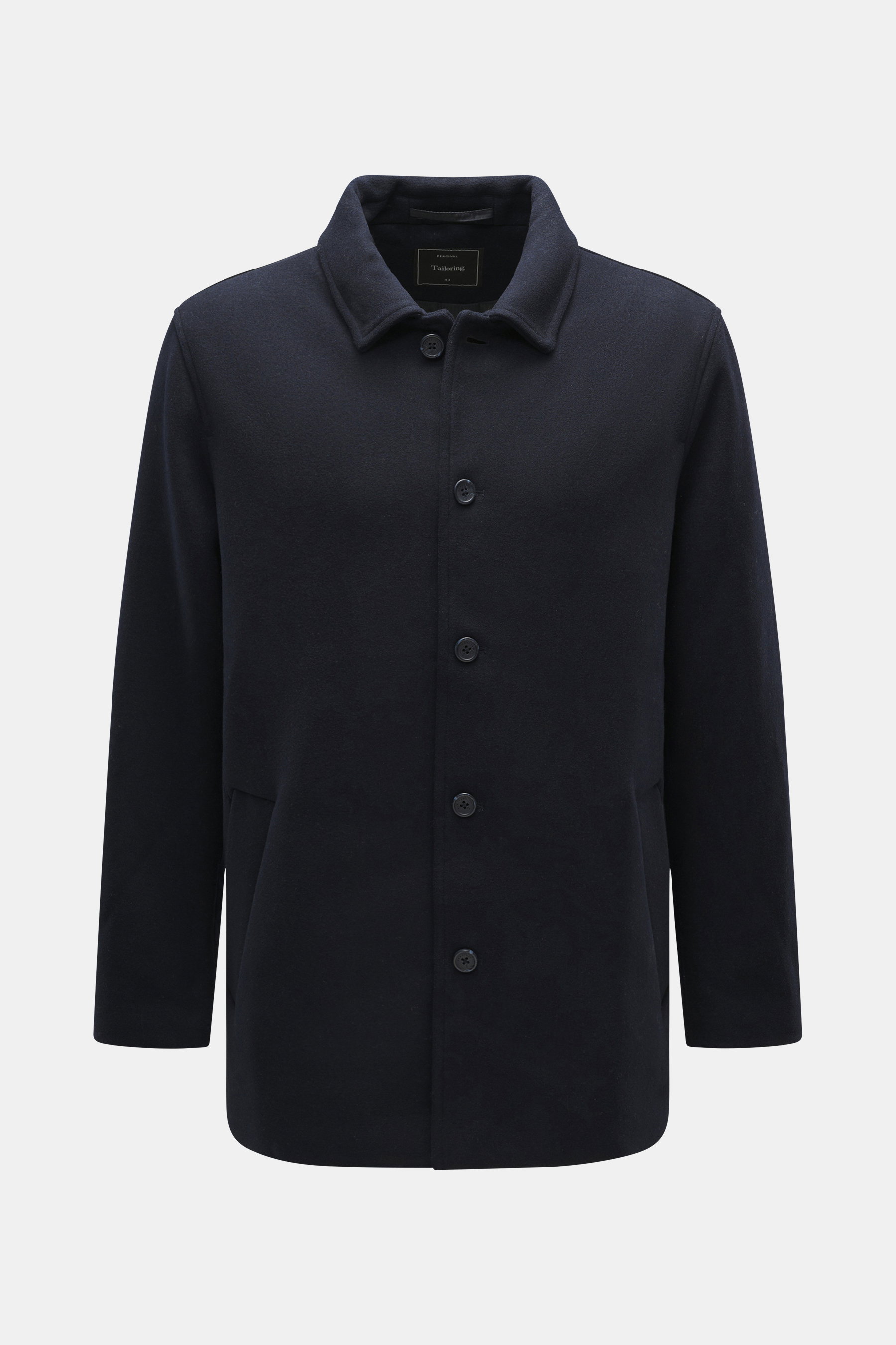 Percival Jacke navy, frontal aus mittlerer Distanz, Slim Fit mit fünf-Knopf-Leiste, Umlegekragen, schräge Fronttaschen, Rückenmittelschlitz, Innentasche, Mix aus Wolle und Microfaser, geschmeidiger Futterstoff.