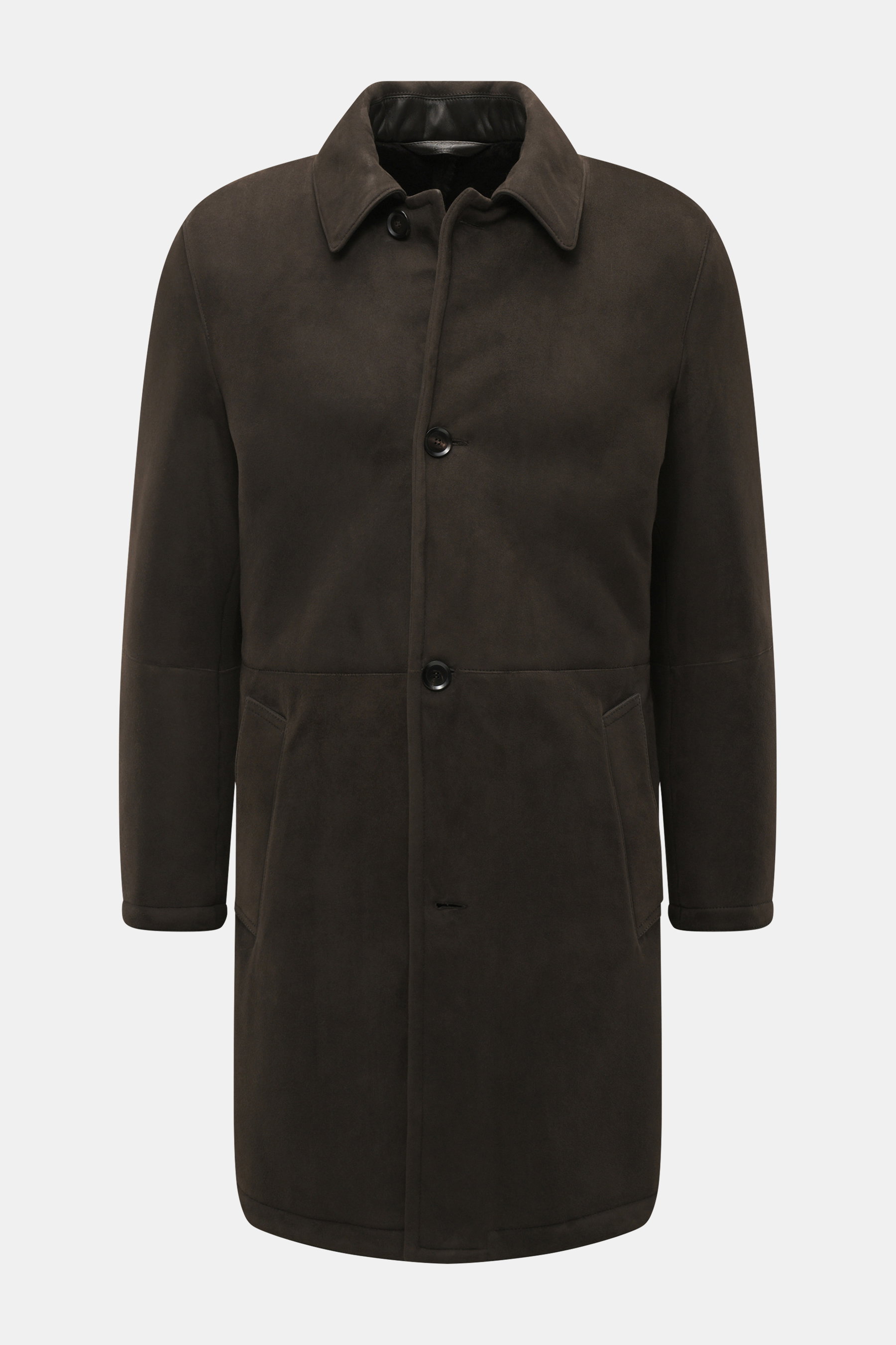 Front view of the Brioni Dark Brown Sherling Coat, a slim fit noble suede leather coat with a turn-down collar and four-button placket.

Description: 
<p>This winter, you can shine with this noble suede leather coat by BRIONI, which also keeps you comfort