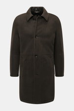 Front view of the Brioni Dark Brown Sherling Coat, a slim fit noble suede leather coat with a turn-down collar and four-button placket.

Description: 
<p>This winter, you can shine with this noble suede leather coat by BRIONI, which also keeps you comfort