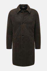 Front view of the Brioni Dark Brown Sherling Coat, a slim fit noble suede leather coat with a turn-down collar and four-button placket.

Description: 
<p>This winter, you can shine with this noble suede leather coat by BRIONI, which also keeps you comfort