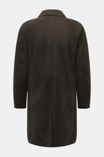 Rear view of the Brioni Dark Brown Sherling Coat, showcasing noble suede leather, slim fit, turn-down collar, center back vent, and soft sherling lining.

Description: <p>This winter, you can shine with this noble suede leather coat by BRIONI, which also 