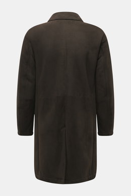 Rear view of the Brioni Dark Brown Sherling Coat, showcasing noble suede leather, slim fit, turn-down collar, center back vent, and soft sherling lining.

Description: <p>This winter, you can shine with this noble suede leather coat by BRIONI, which also 