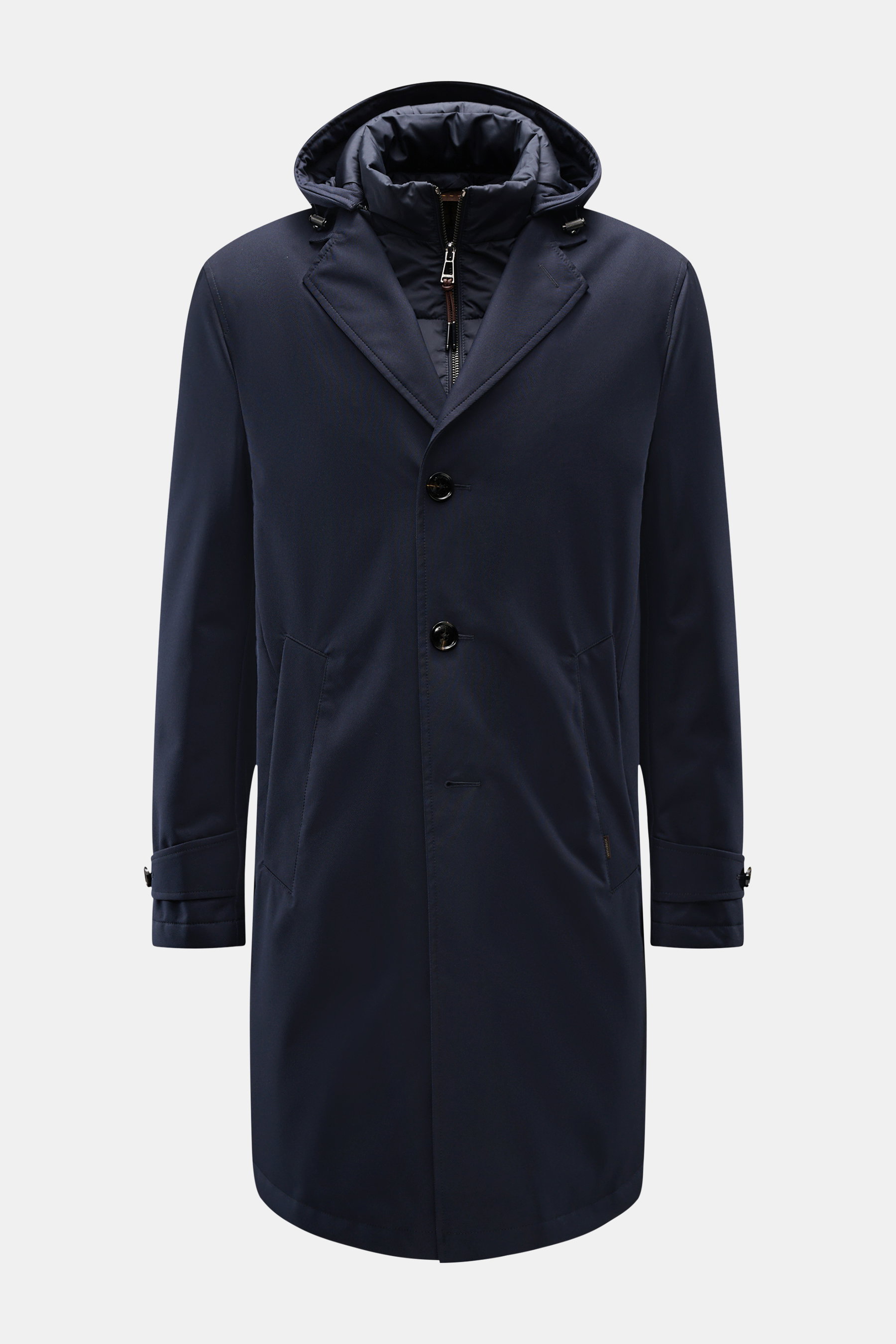 Windsor Parka 'Sarno' navy in Frontansicht, Slim Fit mit abnehmbarer Kapuze, Double-Front, Thermore-Wattierung, Reverskragen, drei Knöpfen.