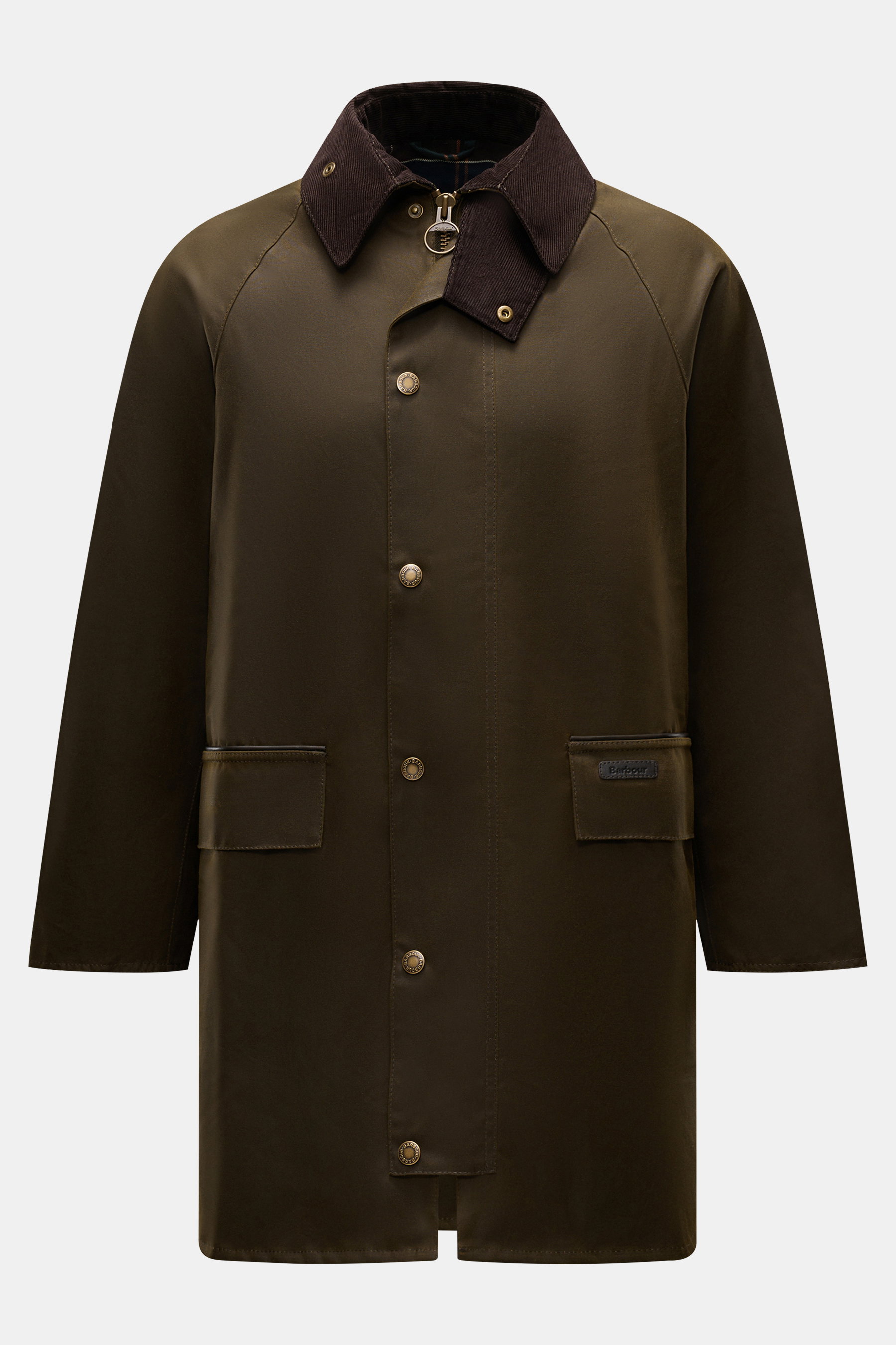 Barbour Wachsparka 'Country' dark olive, frontale Nahaufnahme, gewachste Baumwolle, Cordkragen, Regular Fit, wasserabweisend, Tartan-Futter.