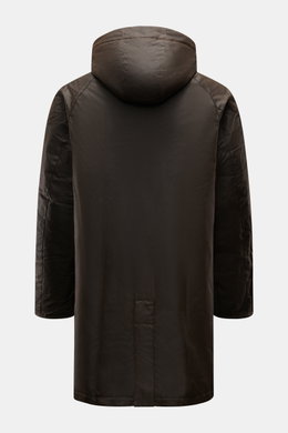 Barbour Wachsparka 'Beaudale' khaki von hinten, gewachste Baumwolle, wasserabweisend, mit abnehmbarer Kapuze, Regular Fit und Stehkragen mit Cordbesatz.