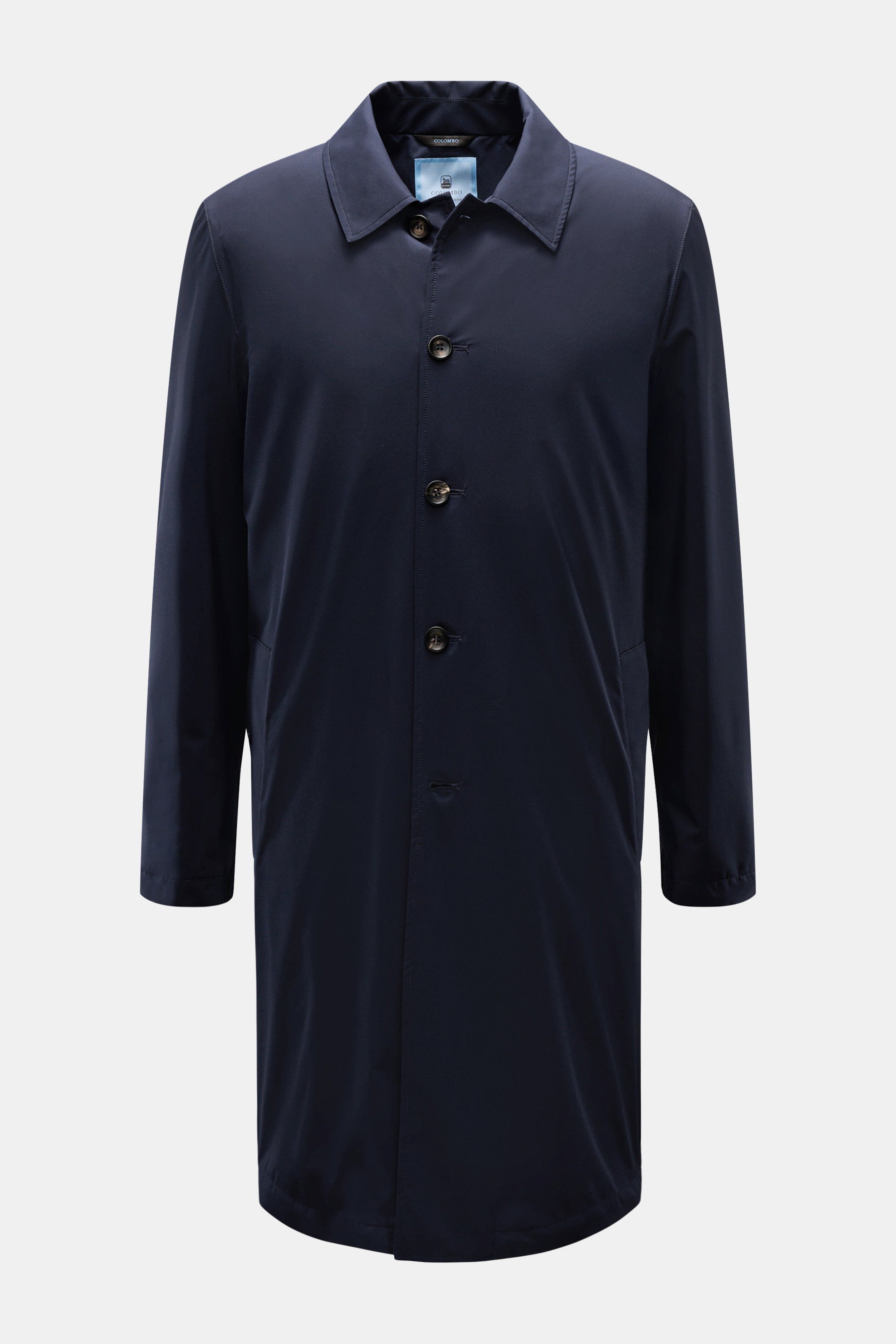 Colombo Mantel navy, Slim Fit aus hochwertiger Microfaser mit Umlegekragen, Fünf-Knopf-Leiste, schrägen Leistentaschen, Vorderansicht.